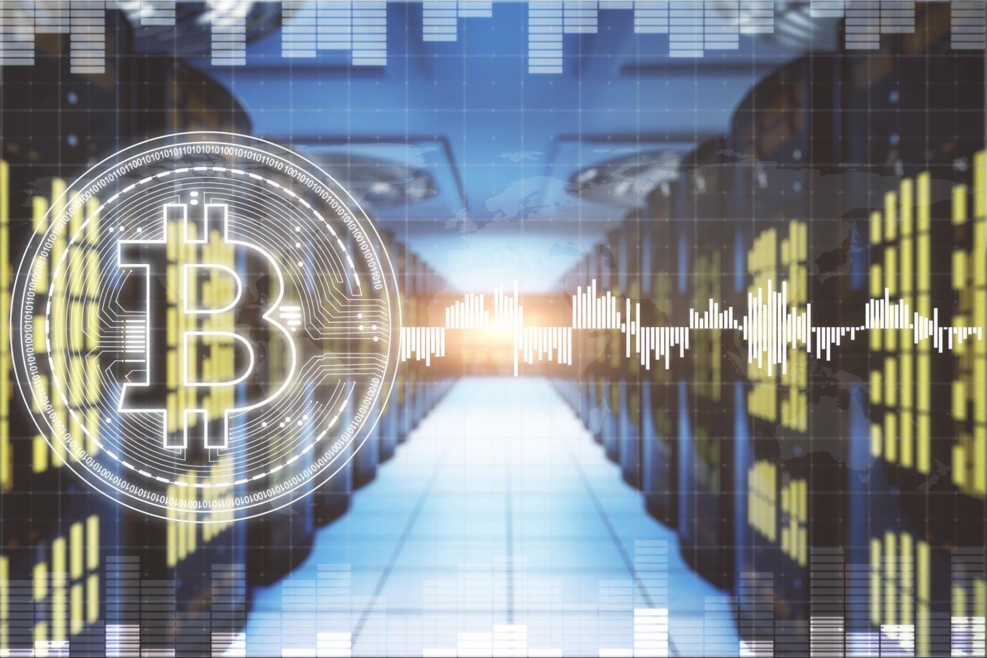 Bitcoin symbol overlaid on an enterprise data center — illustrating the impact of the 2024 halving on large-scale Bitcoin mining profitability and operational efficiency